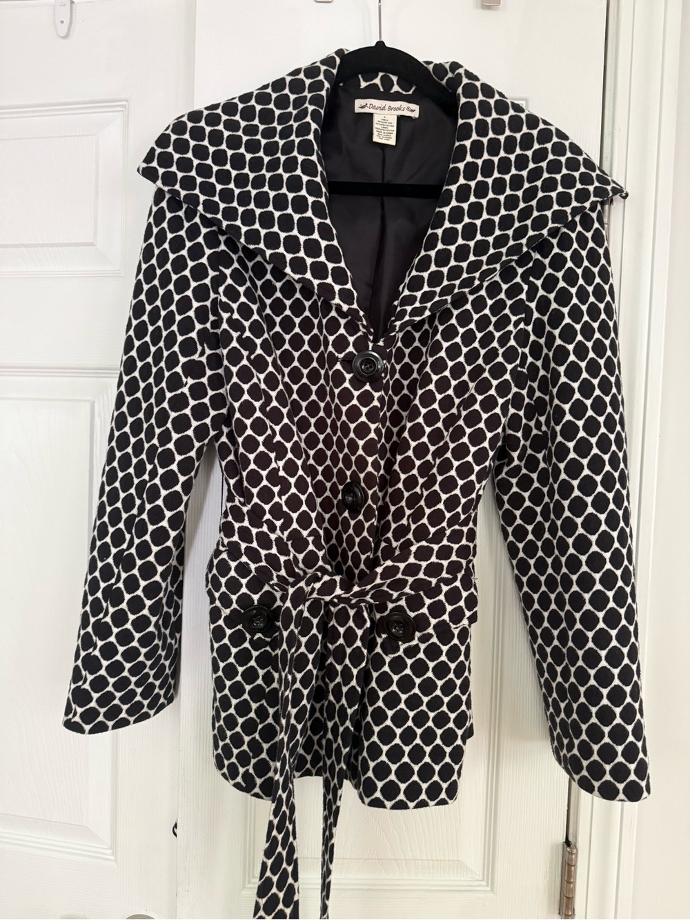david brooks Black and White Geometric Belted Peacoat